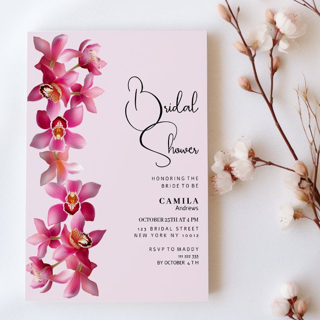 Botanisch-rosa Orchideen Blume Brautparty Einladung (Botanic pink burgundy orchids flower Bridal Shower)