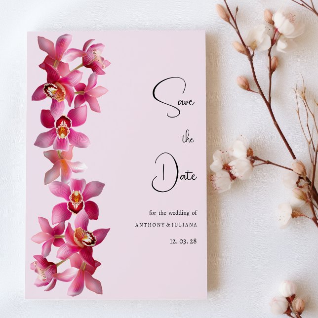 Botanisch-rosa Orchideen-Blume Save the Date Einladung (Botanic pink burgundy orchids flower Save the Date )