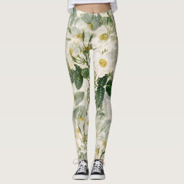Botanisch-weiße Blume und Grüne Blätter Leggings