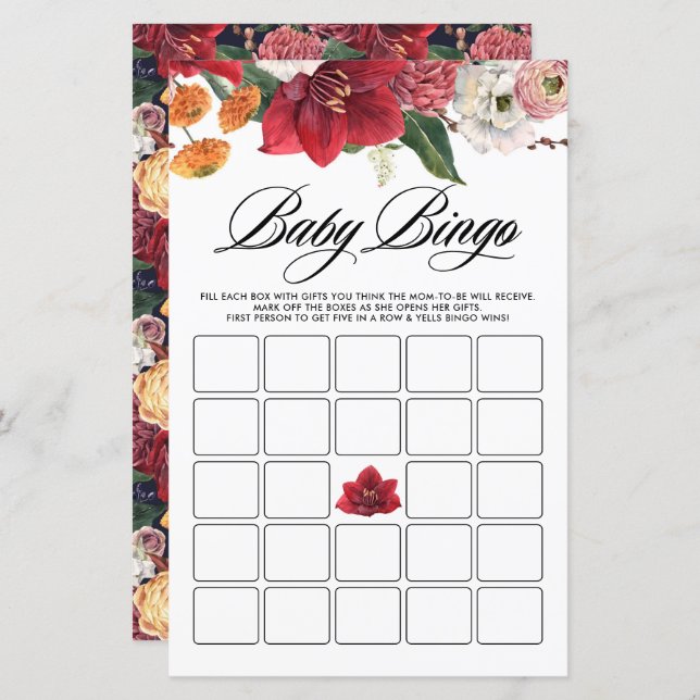 Botanische Amaryllis Babydusche Bingo Game Card (Vorne/Hinten)