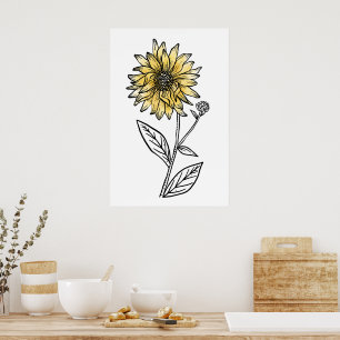 Botanische Aquarell-Ästhetik-Linienkunst-Sonnenblu Poster