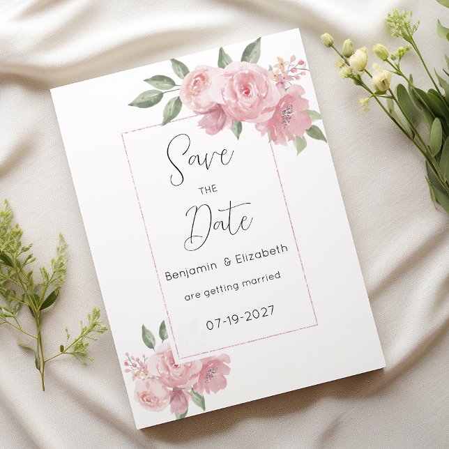 Botanische Aquarellbäume, rosa Blume Save the Date Einladung (Watercolor botanicals pink flowers Save the Date)