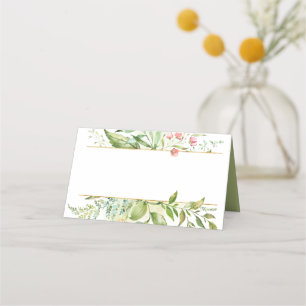 Botanische Aquarellbilder Grüne Blätter Rosa Blume Platzkarte