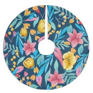 Botanische Aquarellfarbe: Blume, Blätter verzieren Polyester Weihnachtsbaumdecke