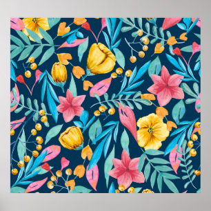 Botanische Aquarellfarbe: Blume, Blätter verzieren Poster