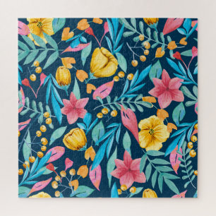 Botanische Aquarellfarbe: Blume, Blätter verzieren Puzzle