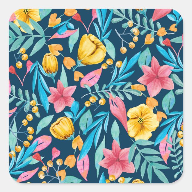 Botanische Aquarellfarbe: Blume, Blätter verzieren Quadratischer Aufkleber (Vorderseite)