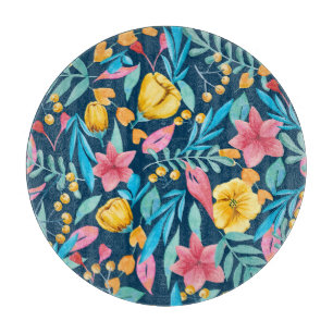 Botanische Aquarellfarbe: Blume, Blätter verzieren Schneidebrett