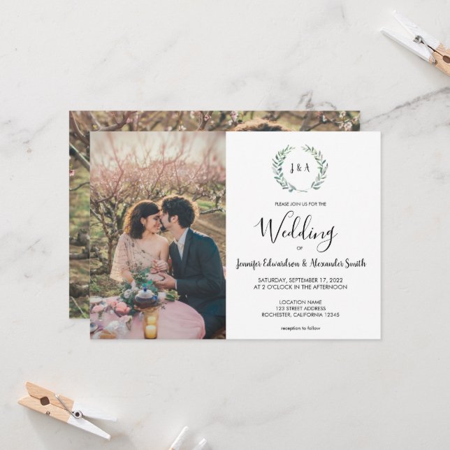 Botanische Aquarellfarben Blätter Monogramm Foto H Einladung (Vorderseite/Rückseite Beispiel)