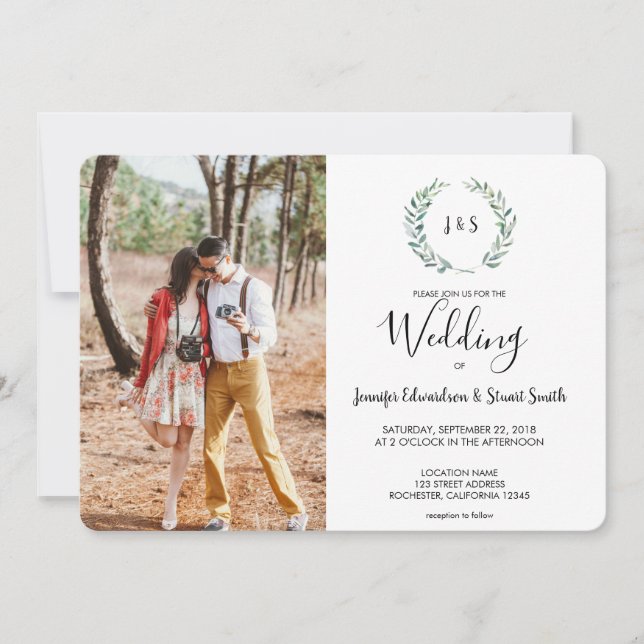 Botanische Aquarellfarben Blätter Monogramm Foto H Einladung (Vorderseite)