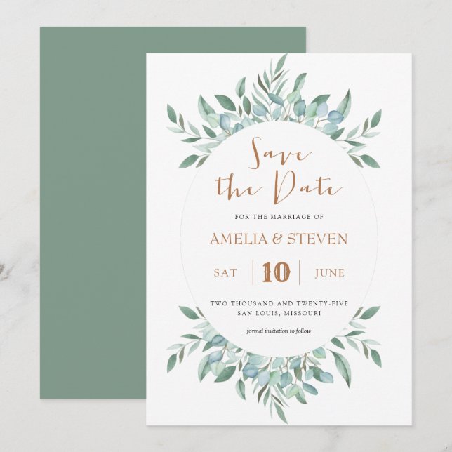 Botanische Aquarellfolie Save the Date Karte (Vorne/Hinten)