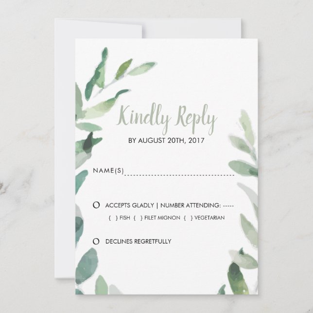Botanische Aquarelloliven-Blätter Hochzeit RSVP Save The Date (Vorderseite)