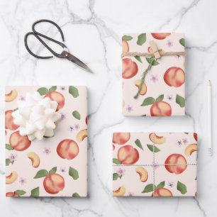 Botanische Aquarellpfirsiche & Blüten Geschenkpapier Set