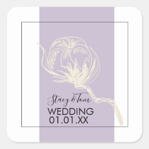Botanische Baumwollpflanze Lavendel Hochzeit Quadratischer Aufkleber