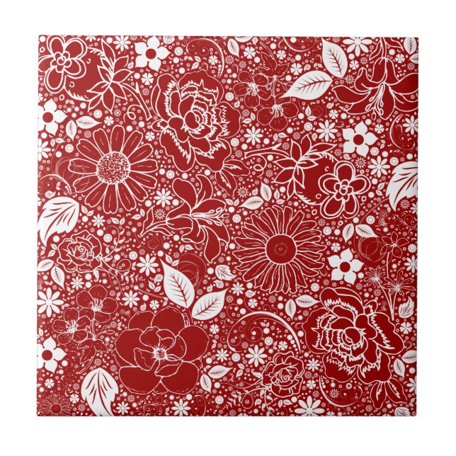 Botanische Beauties Rote Keramik Tile Fliese (Vorderseite)