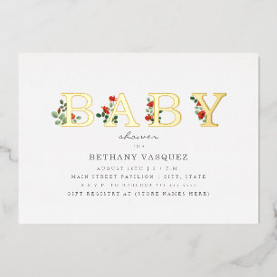 Botanische Beschriftung Mohn Baby Shower Gold Folieneinladung