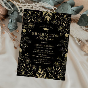 Botanische Black & Gold Graduation Party Einladung