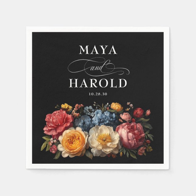 Botanische Bläserschwarze Hochzeit Serviette (Vorderseite)