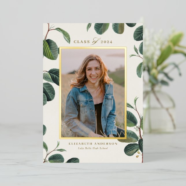 Botanische Blätter Aquarellbilder Foto Abschluss Folieneinladung (Stehend vorne)