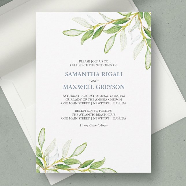 Botanische Blätter Garten Hochzeit Einladung (wedding invitation sage green botanical watercolor greenery unique art by Victoria Grigaliunas )