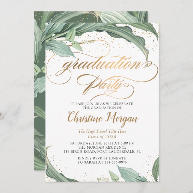 Botanische Blätter Gold-Script-Graduierungspartei Einladung (Vorne/Hinten)