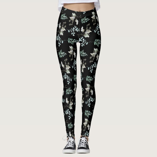 Botanische Blätter grün und schwarz Leggings (Vorderseite)