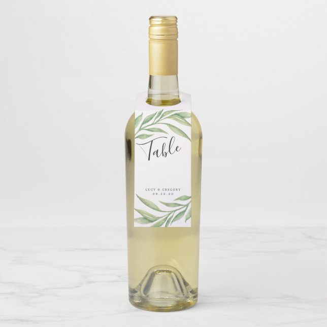 Botanische Blätter Hochzeit in Wasserfarbe Tischnu Flaschenanhänger (Auf Flasche)