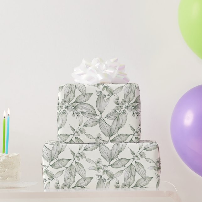 Botanische Blätter Linien weiß Geschenkpapier (Partygeschenke)
