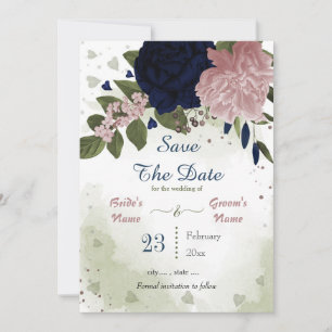 Botanische Blätter mit grünen und rosa Blume Save The Date