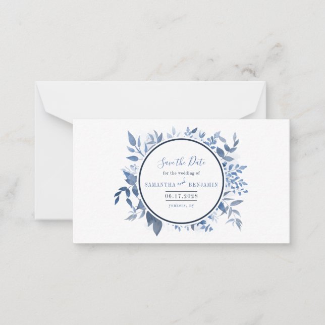 Botanische Blätter Script Navy Blue Save the Date Mitteilungskarte (Vorderseite)