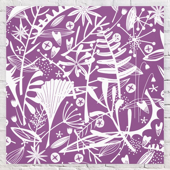 Botanische Blätter Silhouette Lila und weiß Leinwanddruck (Botanical leaves and flowers purple canvas art print)