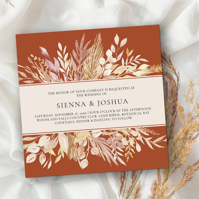 Botanische Blätter Terracotta auf dem Cresta: Einladung (Square Wedding Invitation Templage in burnt orange with cream foliage available printed or digital)