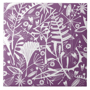 Botanische Blätter und Blume Lila Fliese