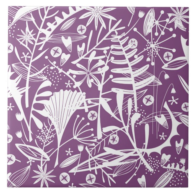Botanische Blätter und Blume Lila Fliese (Vorderseite)
