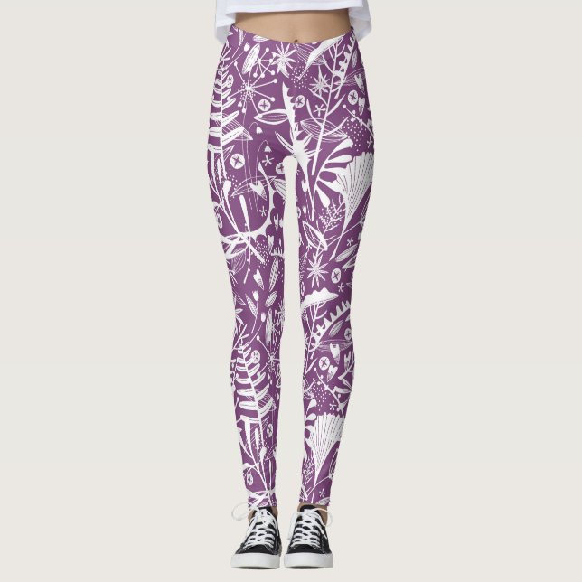 Botanische Blätter und Blume Lila Leggings (Vorderseite)