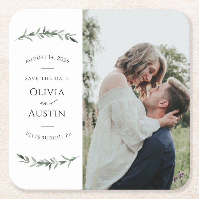 Botanische Blattgrüne Save the Date Rechteckiger Pappuntersetzer (Vorderseite)