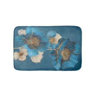 Botanische Blaue Mohn-Gold-Linienkunst-Blume Badematte