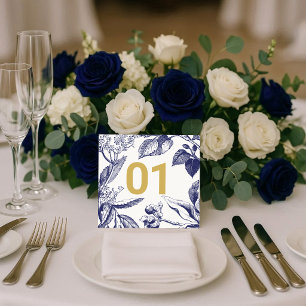 Botanische blaue und goldene Hochzeitstisch-Nummer Einladung