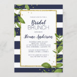 Botanische Bling Bridal Brunch mit blauen Streifen Einladung<br><div class="desc">Ein kühner,  eleganter Brunch mit Marinebar und weißen Streifen,  umgeben von üppiger Vegetation und Glitzer Confetti. Die Hintergrundfarbe kann an Ihr Farbschema angepasst werden. Ändern Sie einfach die Hintergrundfarbe auf der Vorder- und Rückseite der Einladung.</div>