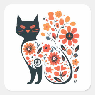 Botanische Bliss Cat-Silhouette Quadratischer Aufkleber