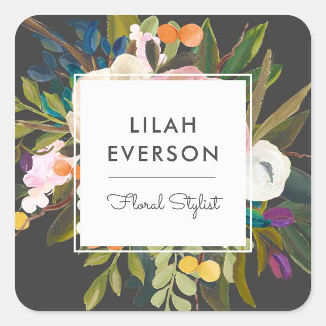 Botanische Bliss Floral Business Labels | Schwarz Quadratischer Aufkleber (Vorderseite)