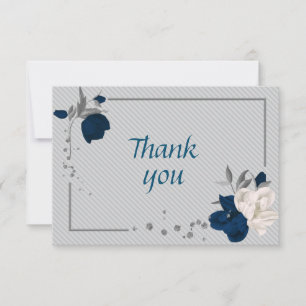 Botanische Blume aus Marineblau und Weiß, graue Bl Dankeskarte