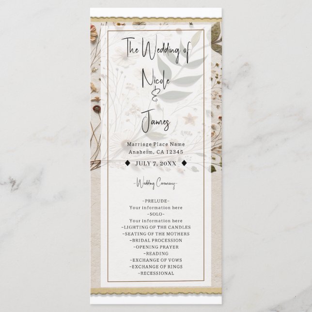 Botanische Blume & Blätter Hochzeit der Natur Programm (Vorderseite)