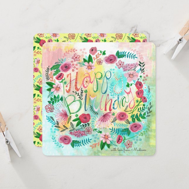 Botanische Blume Gelb und Rosa Frühlingsblüten Karte (Vorderseite/Rückseite Beispiel)