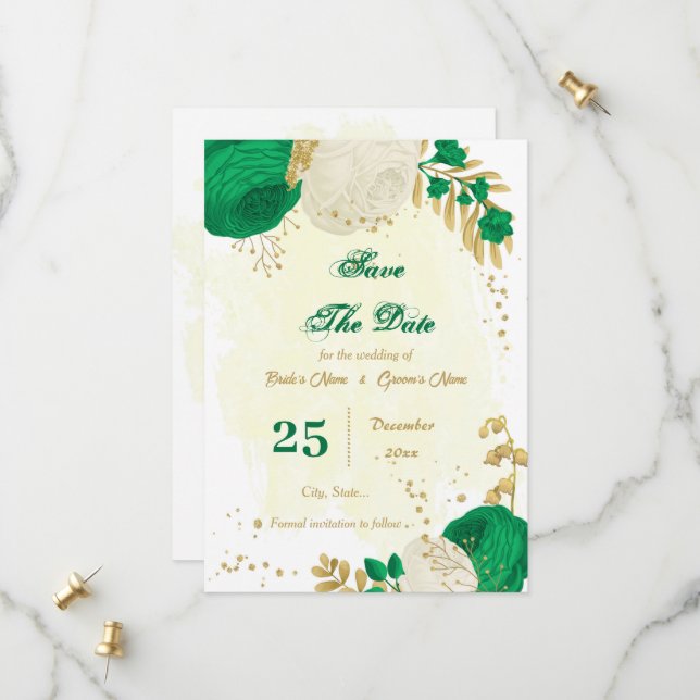 Botanische Blume, grün und weiß Save The Date (Vorderseite/Rückseite Beispiel)