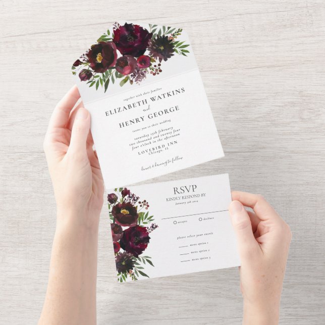 Botanische Blume Hochzeit des Burgunder Wasserfarb All In One Einladung (Abreißen)