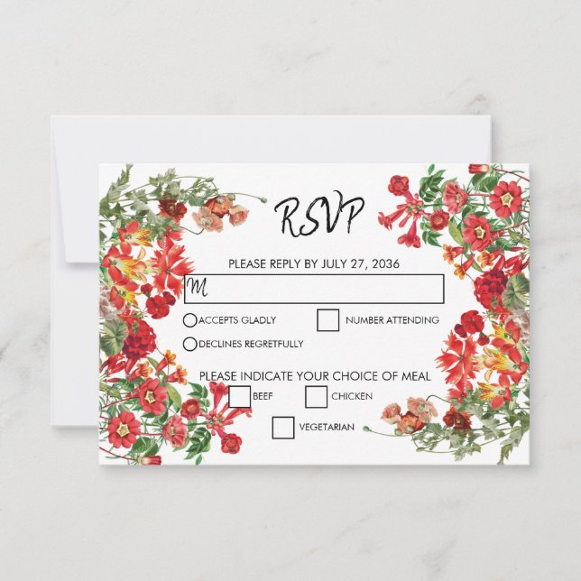 Botanische Blume Hochzeit im Roten Blumengarten RSVP Karte (Vorderseite)