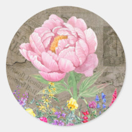 Botanische Blume, Rosa Rose, Vintage Zeitungen Runder Aufkleber