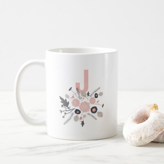 Botanische Blume Schwarze Pint Floral Monogramm Kaffeetasse (Mit Donut)