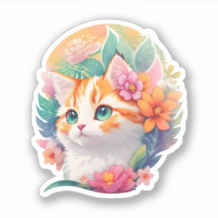 Botanische Blume Tabby Cat Wasserfarbenes Portrait Aufkleber